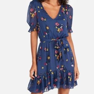 NWT Blue Floral Ruffle Express Tie Waist Dress